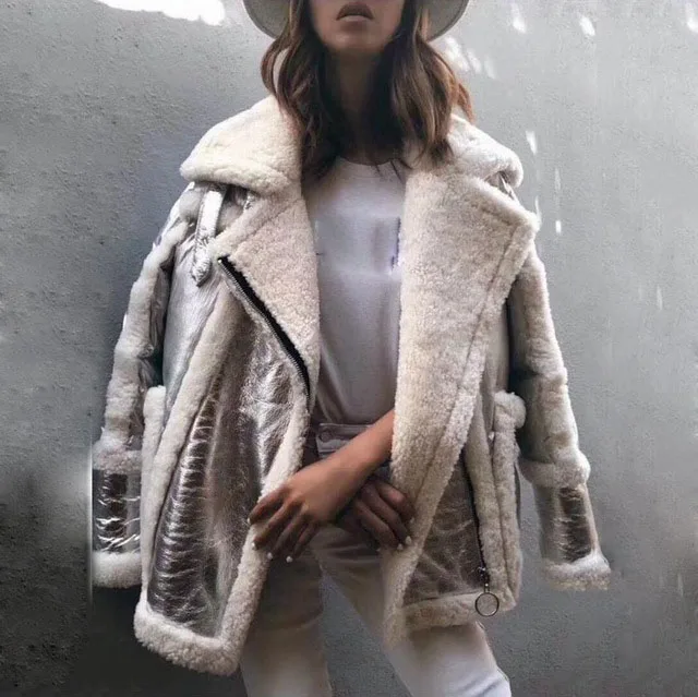 

2018 new women genuine leather and fur duck down coat silver color female luxury loose zip turn down collar thick outwear jacket