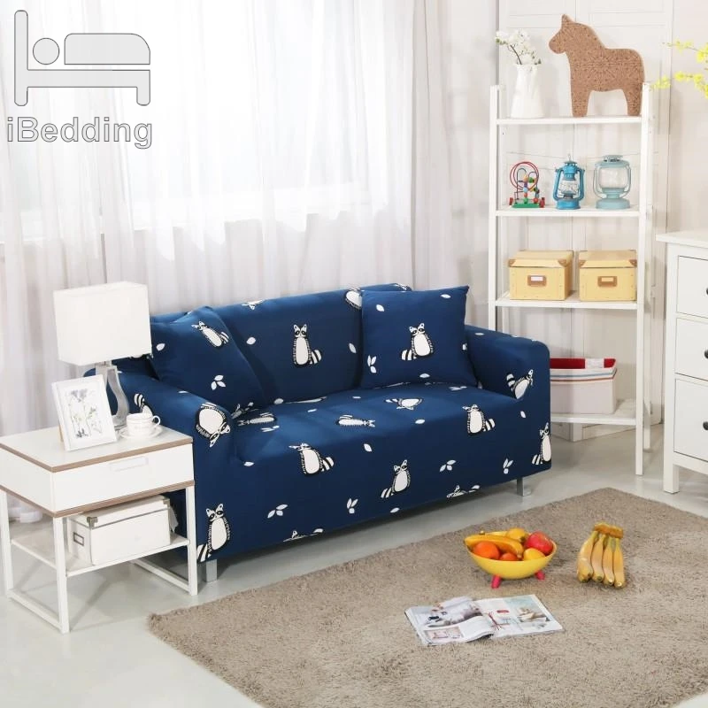 Dark Blue Cute Bear Stretch Sofa Protector Cover for Living Room Sofa