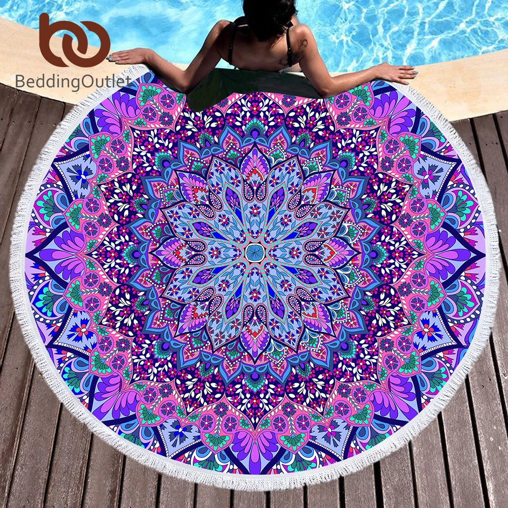 BeddingOutlet Bohemian Runde Strandtuch Blau und Lila Quaste Tapisserie Mikrofaser Yoga Matte Boho Toalla Decke 150 cm Mode Günstig