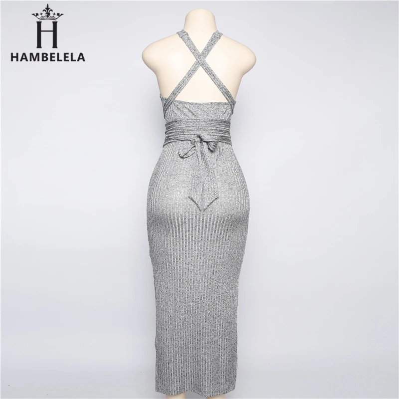 HAMBELELA Halter Backless Cross Bandage Dress Sexy Off Shoulder Split Bodycon Knitted Dress Autumn Sleeveless Slim Women Dresses (8)
