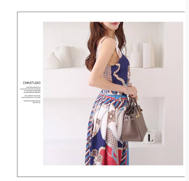 Лето Корейский темперамент v-образным вырезом слинг Топ Модный принт широкая юбка комплект из двух предметов