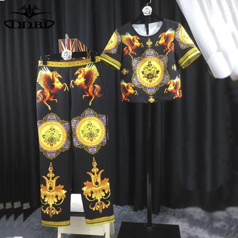 short top and long pants two pieces outfit fly horses print top and trousers set 20180608