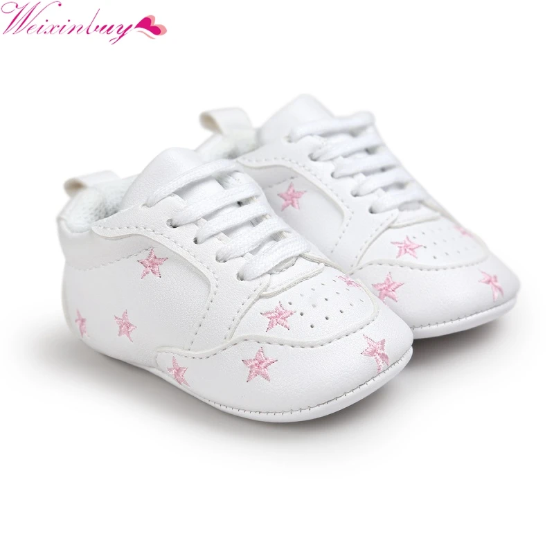 

Baby Shoes Newborn Boys Girls Heart Star Pattern First Walkers Kids Toddlers Lace Up PU Sneakers 0-18 Months