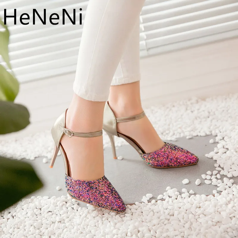 

2018 Summer women sandals Tip Stiletto Buckle Side Hollow Sequins Cloth Elegant Simple High-heeled Women Sandals Plus size 32-48