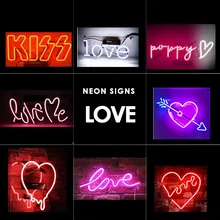 LOVE Art неоновые вывески, Настенный декор, неоновый светильник, не Светодиодная лампа, настоящие стекла, поцелуй, слова, стрелка, для дома, спальни, комнаты, искусство