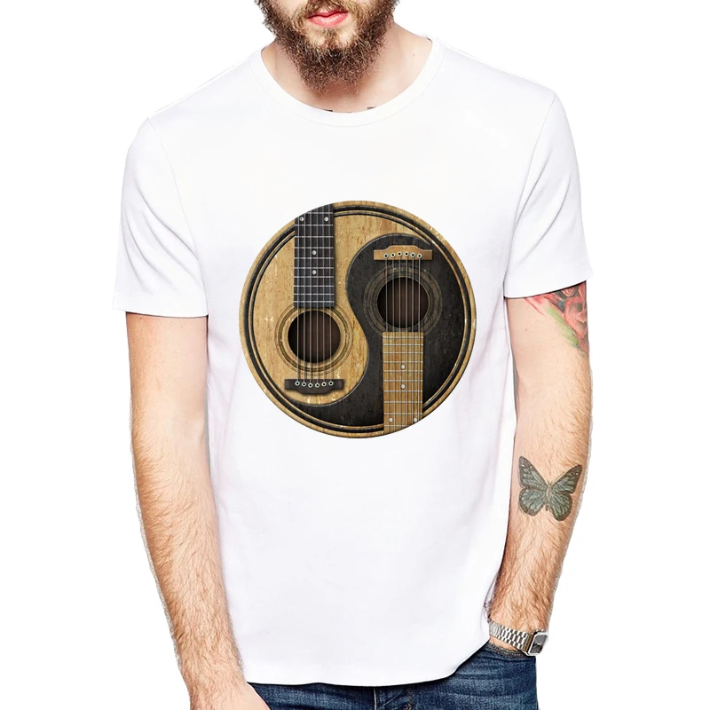 

New Summer Style Yin Yang Cool T-shirt Funny Old and Worn Acoustic Guitars T Shirt Men Short Sleeve Top Tees