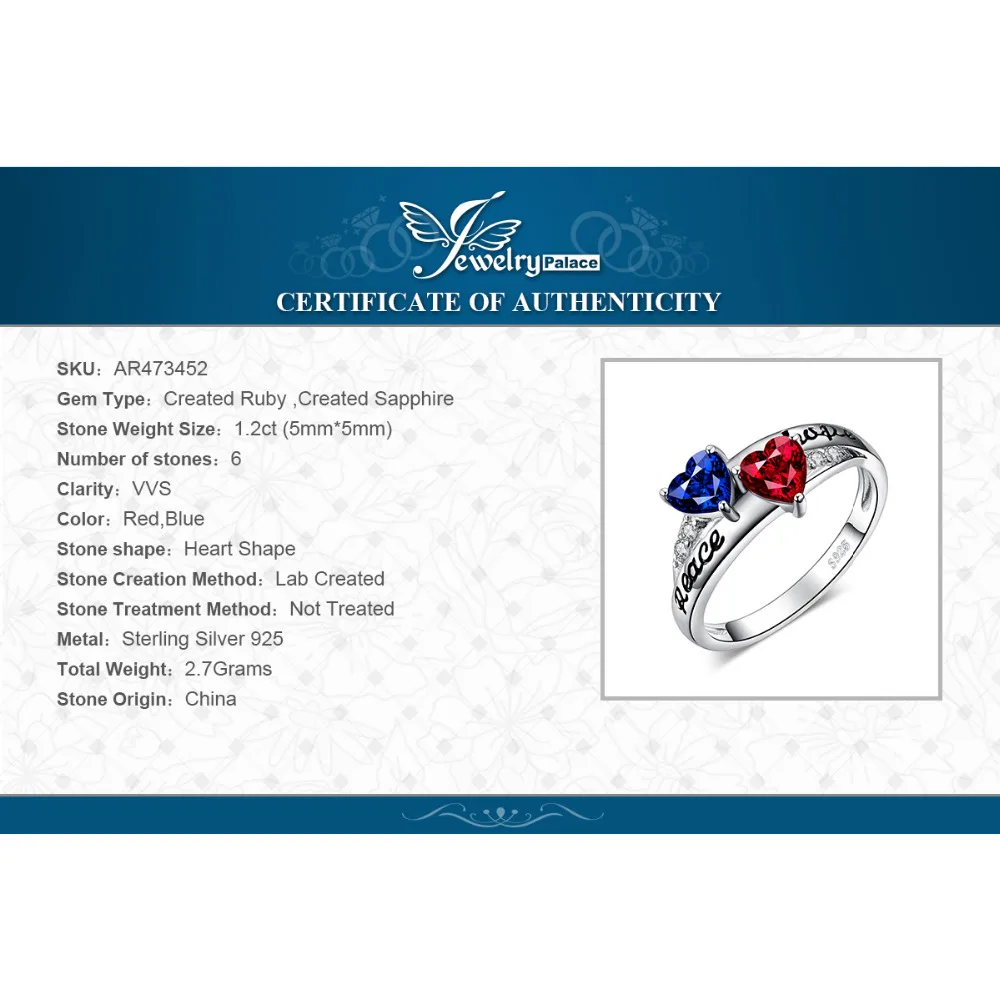 JewelryPalace Vintage Intertwined Engraved Peace Hope Created Ruby Sapphire Ring 925 Sterling Silver Gifts For Best Friends New