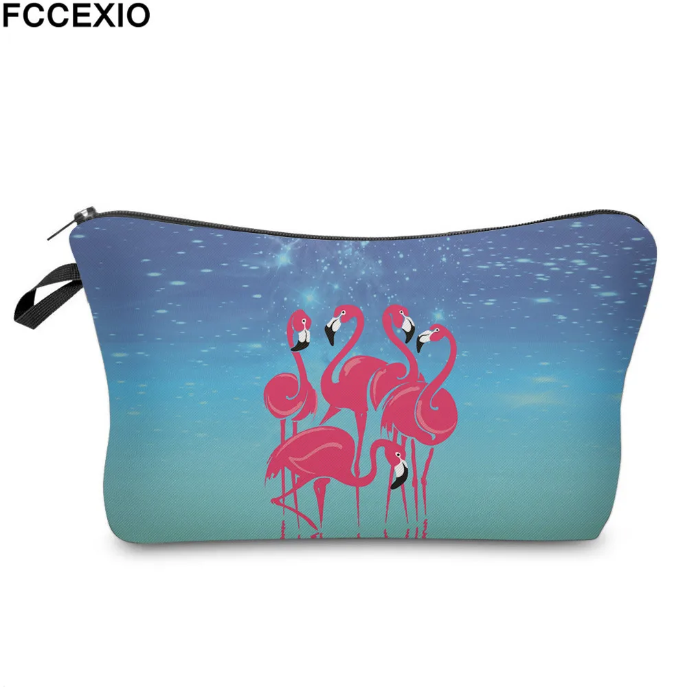 

FCCEXIO Whosale New Cosmetic Bag Fashion Women Brand Makeup bag 3D Printed Pink Flamingos Cosmetic Organizer Bags 01