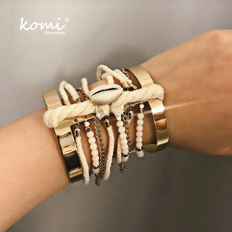 

KOMi Punk Beach Shell Beads Cuff Bangle For Women Wide Personality Fashion Jewelry B50305