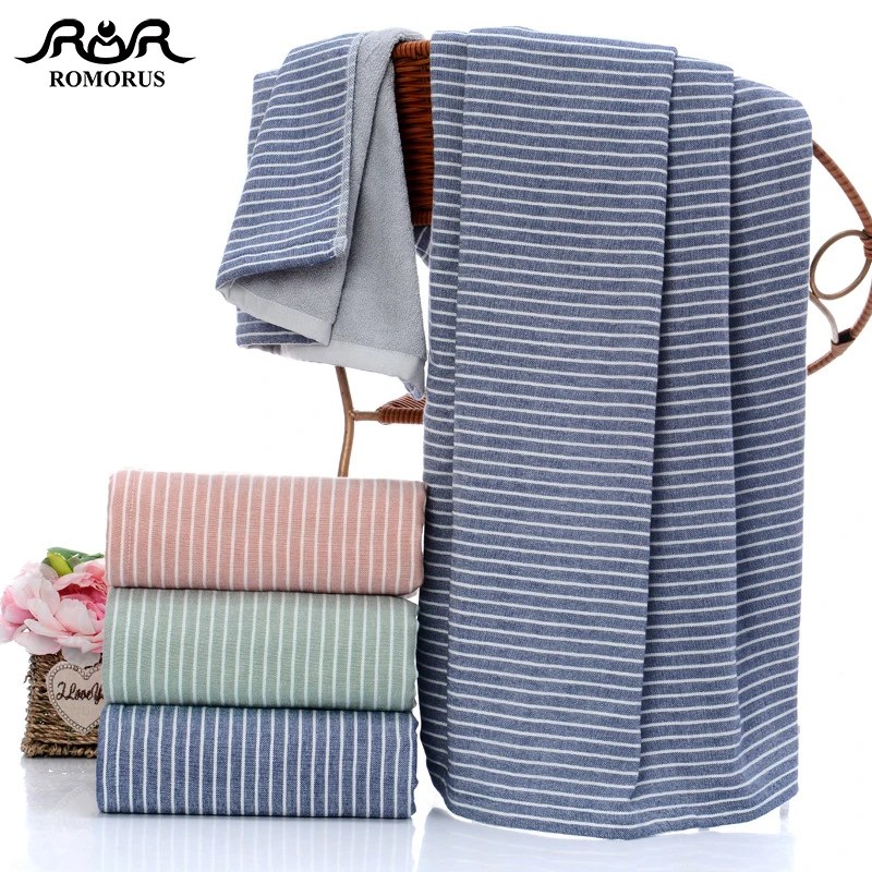 Банное полотенце ROMORUS в синюю полоску для взрослых, набор полотенец для ванной комнаты, хлопковое Большое пляжное полотенце для лица, Абсорбирующая мочалка, Прямая поставка