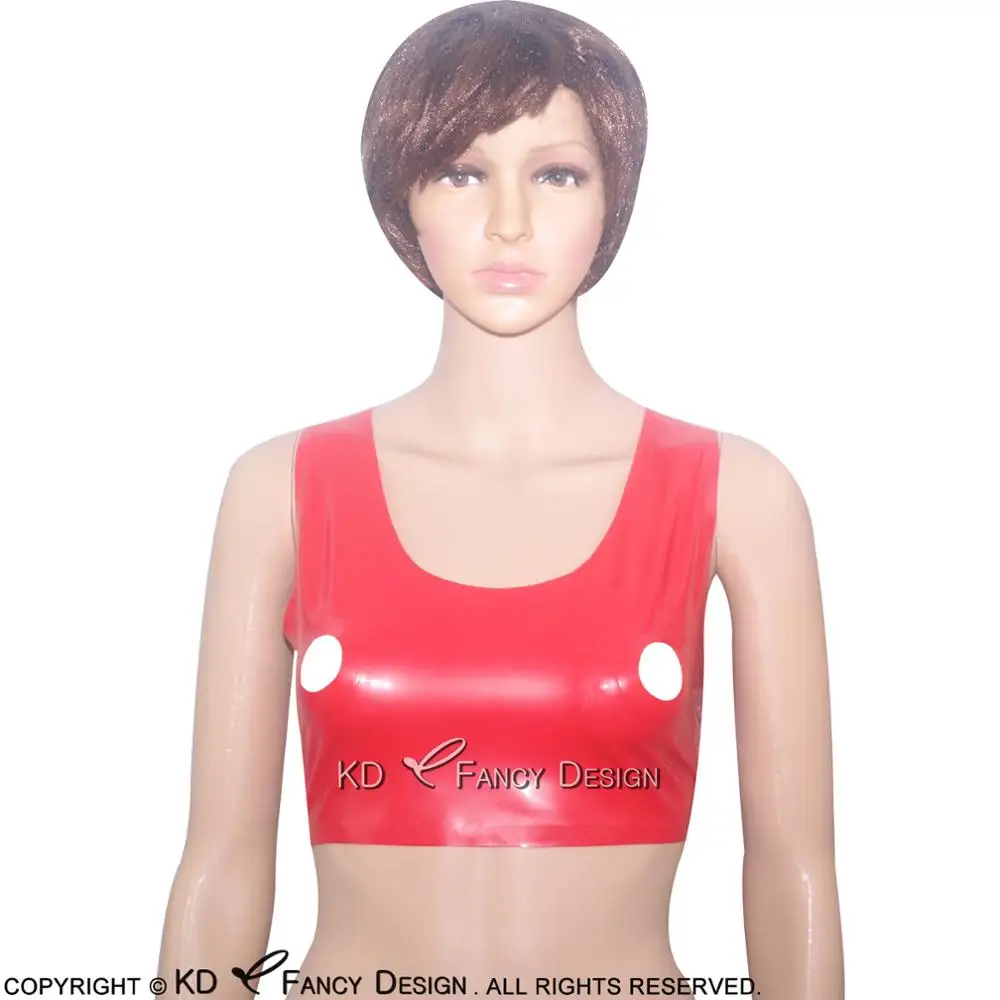 

Red Sexy Latex Bra With Nipple Open Straps Buttons At Back Rubber Crop Top Bras Lingerie Brassieres BRA-0001