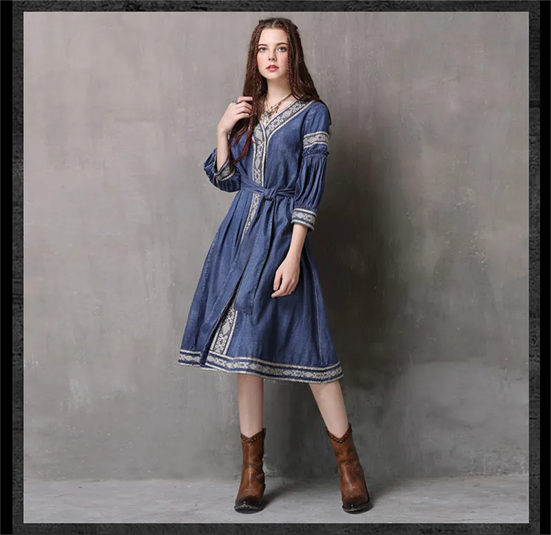 Vintage  V-Neck Summer Sashes Dress 2018 Embroidery New Denim Vestidos A-line Half Sleeve Belted Women Dresses Vestido Female (13)
