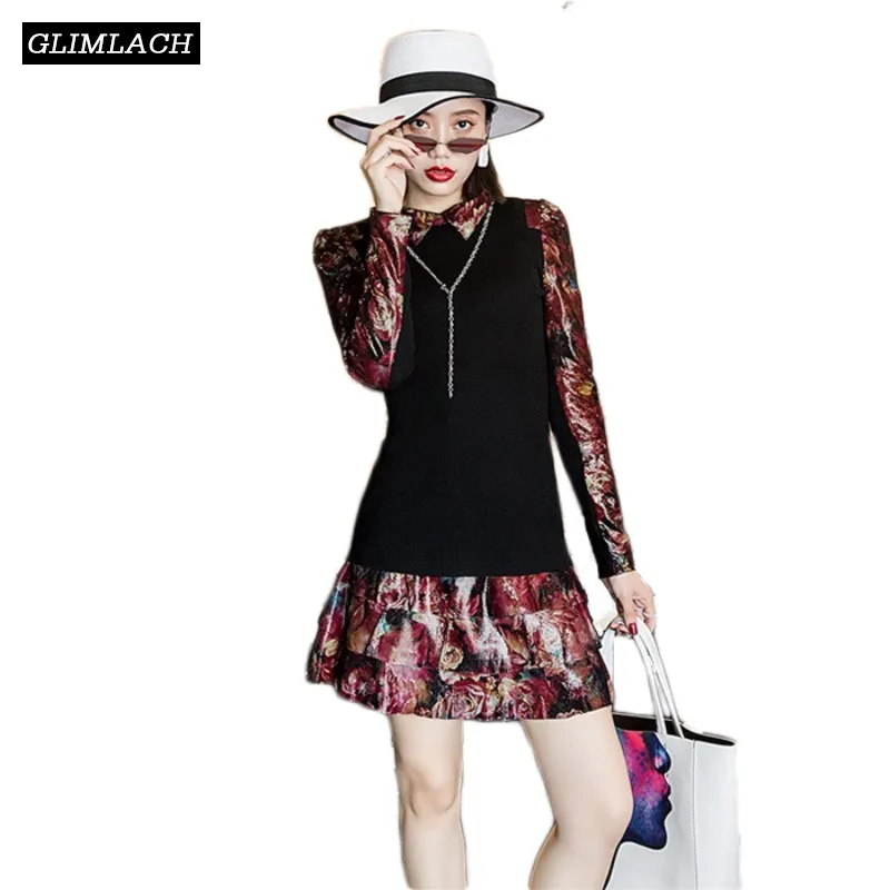 

New Flowers Printing Knitted Sweater Women High Street Square Collar Patchwork Genuine Leather Long Sleeve Slim Pullovers Ladies