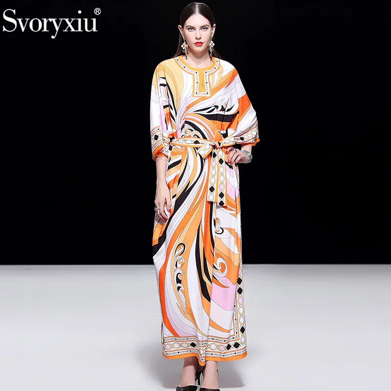 Женское платье макси Svoryxiu, оранжево-белое длинное свободное платье до пола с геометрическим принтом, большого размера, на осень и зиму