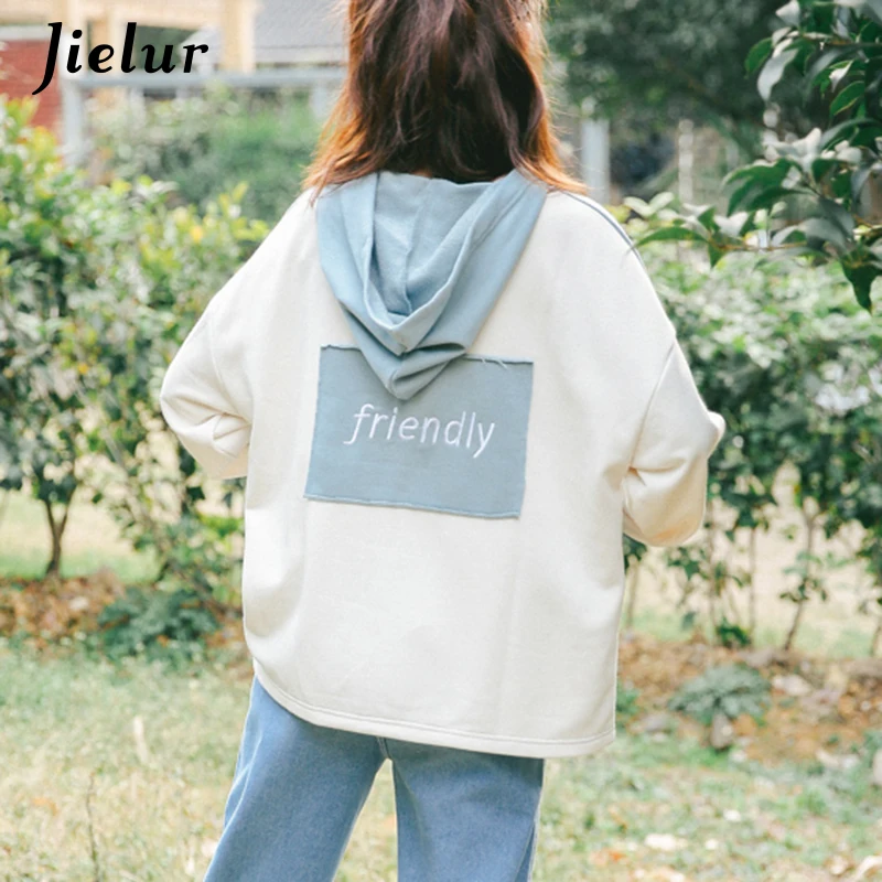 

Jielur Hit Color Harajuku Kawaii Moletom Feminino Embroidery Letter Pocket Hooded Sweatshirt Women Young Thin Hoodies Pullovers