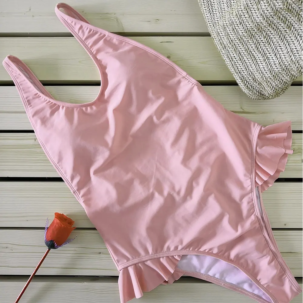 Belleziva, сексуальный сдельный купальник, с рюшами, с открытой спиной, для женщин, в винтажном стиле, боди, купальный костюм, летняя пляжная одежда, монокини, Femme - Цвет: Pink