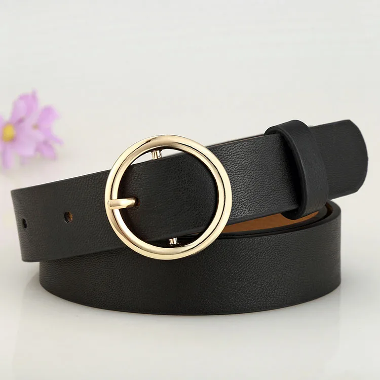 Gold Round Metal Double Circle Belt Female Gold Silver Black White PU