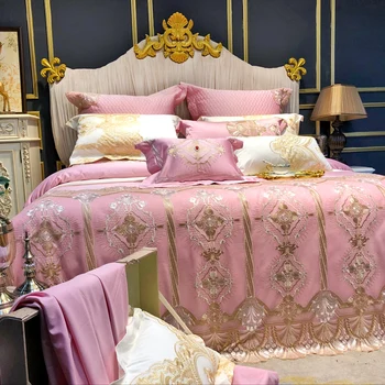 

Egyptian cotton Luxury pink Embroidery Bedding sets Queen King Duvet cover Bed sheet set Pillowcases 4/6pcs white