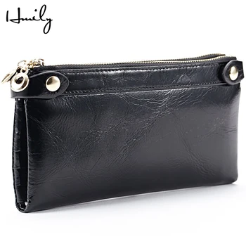 

HMILY Women Wallet Genuine Leather Ladies Clutch Bag Fashion Female Pure Oil Wax Leather Purse High Quality Long Coin Pocket