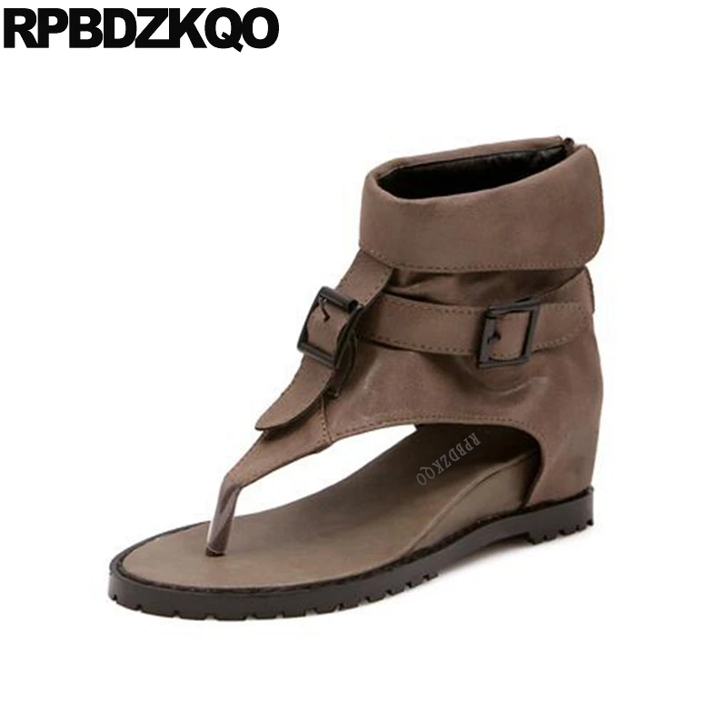 Barato 2017 Botines Sandalias Altura Aumentada Zapatos Metal Oculto Marrón Cuña Verano Corto Punta Abierta El Tobillo Para Mujer Patea El Medio Femenino Moda Señoras - AliExpress Calzado