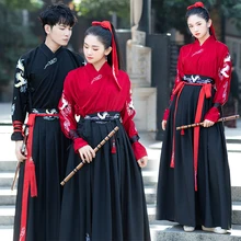 Красное платье Hanfu для взрослых женщин и мужчин, древний рыцарь, Странник династии Хань, костюмы для народных танцев, косплей, герой, сценические костюмы BL1247