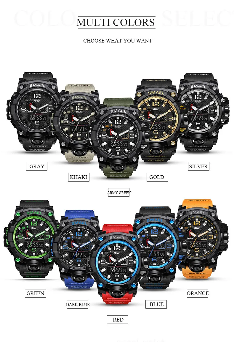 SMAEL, темно-синие спортивные часы для мужчин, двойной дисплей времени, светодиодный дисплей с подсветкой, электронные часы Stopwatch1545, модные мужские наручные часы