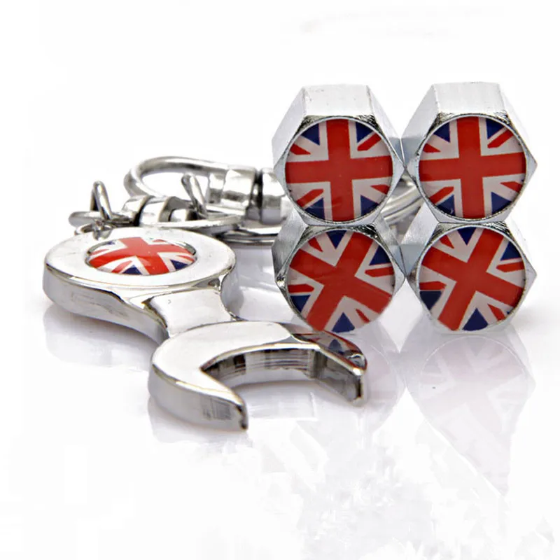 

4Pcs Wheel Tire Valve Cap Air Stem Tire Valve with Mini Wrench Key Chain For UK Flag Mazda Dodge Jaguar Peugeot Volvo VW Mugen