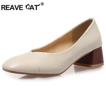 

REAVE CAT Women's shoes woman pumps Hoof heels Boat shoes Botas mujer PU Rubber Female spring summer Comfortable Casual A1603