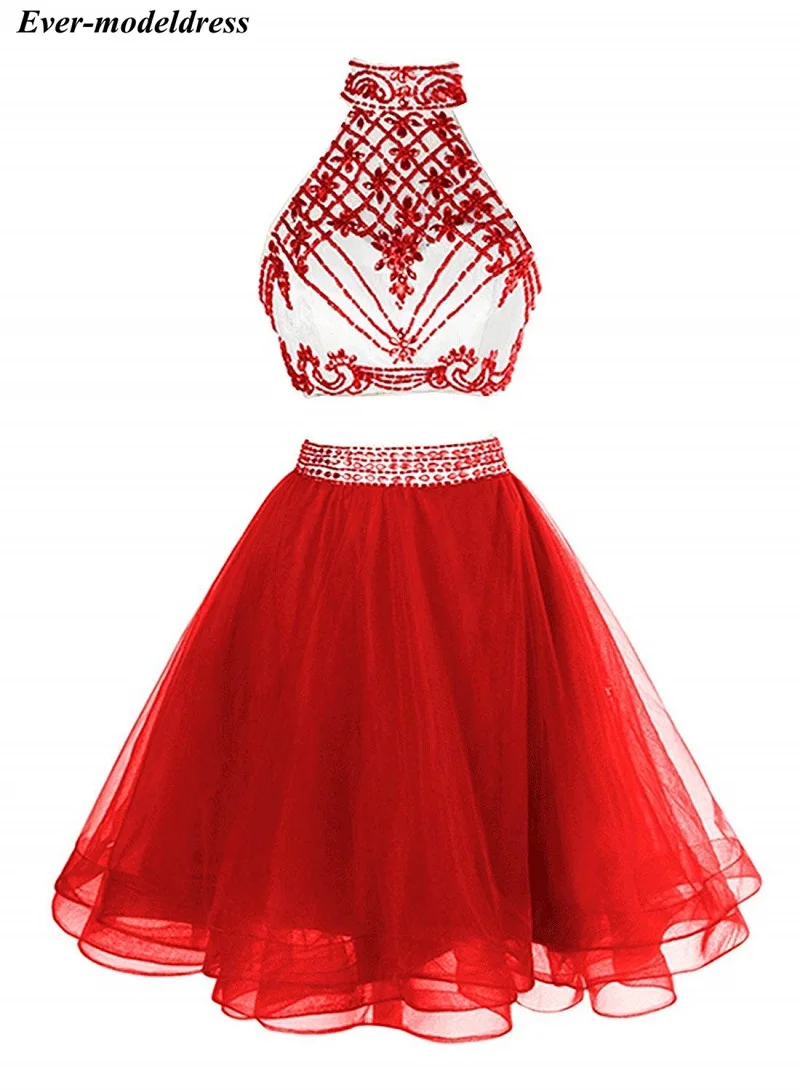 Два предмета короткие платья для выпускного бисерные трапециевидные секссуальные Платья для вечеринок Выпускные вечерние платья большого размера по индивидуальному заказу - Цвет: Красный