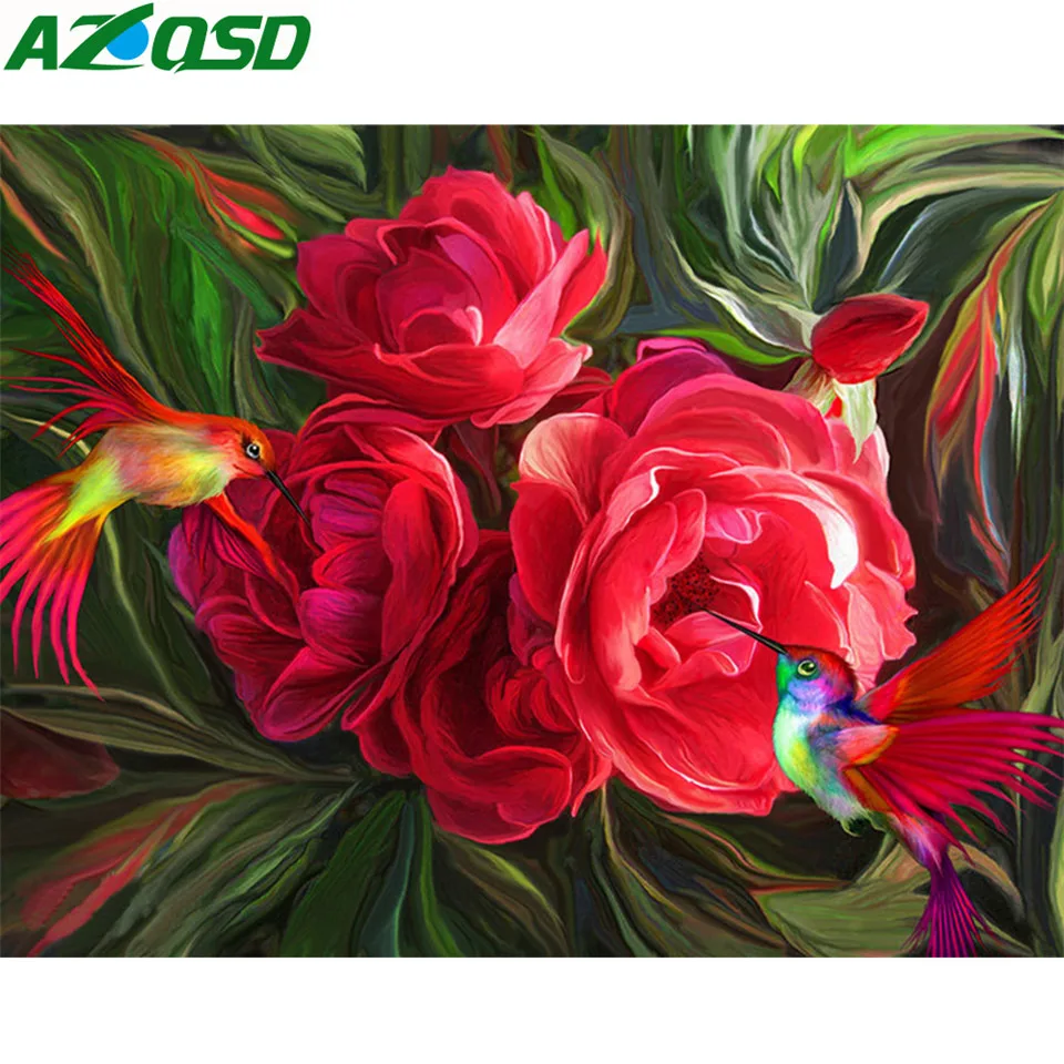 AZQSD Diamond Embroidery Red Flowers Handmade Picture Of Rhinestones Diamond Painting Birds Cross Stitch Wall Decor Diy 5d