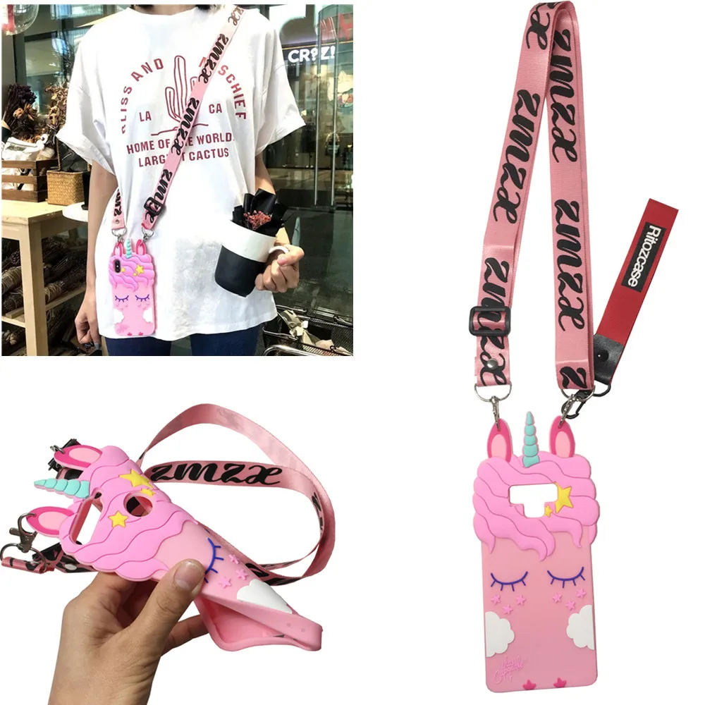 

For samsung s8 s9 plus note 8 9 j5 j3 j7 prime 2016 2017 j4 j6 j8 2018 case cover 3d pink unicorn shoulder strap soft silicone