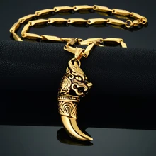 Cool Dragon Wolf Tooth Necklaces Pendants Male Stainless Steel Gold Color Chain For Men Colar Hip Hop Golden Jewelry Collier