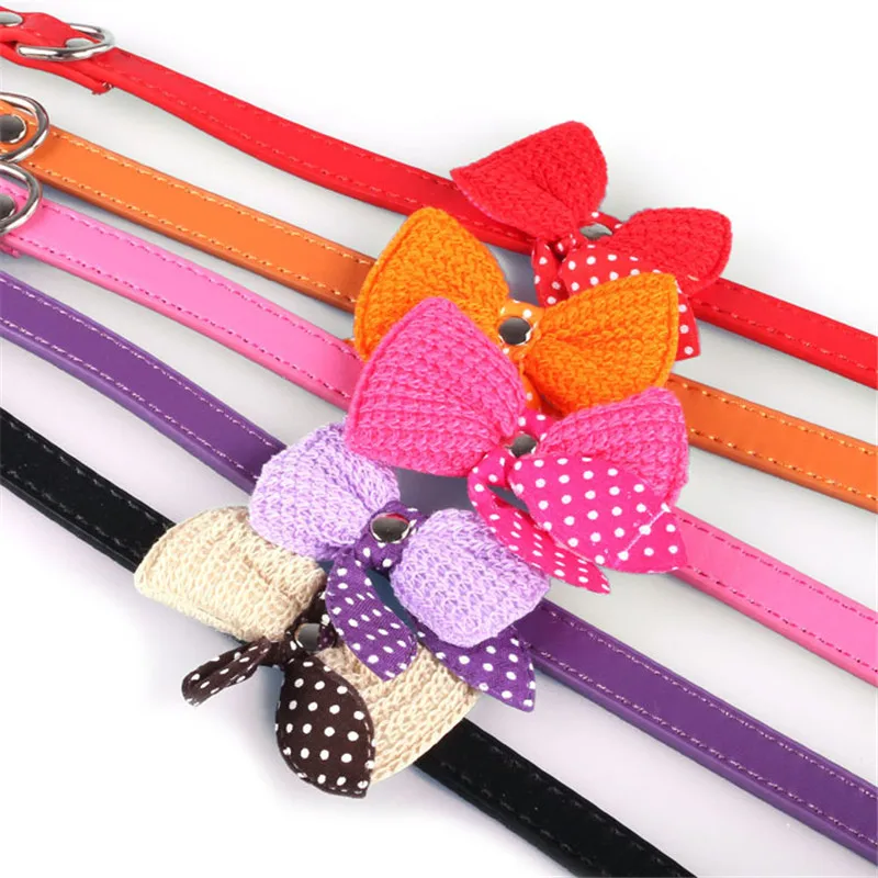 

2017 New Arrival 5Color Knit Bowknot Adjustable PU Leather Cute Cat Dog Puppy Pet Collars Necklace Collars and Harnesses D45JL25