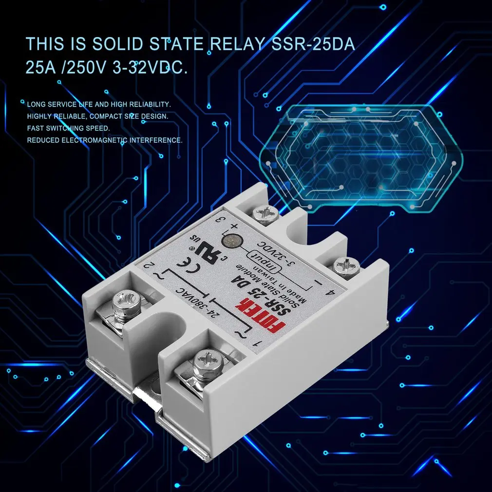 Твердотельный релейный модуль SSR-25DA 25A/250 V 3-32V DC вход 24-380VAC выход