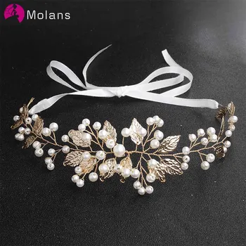 

MOLANS New Style European Pearls Hairbands for Bridal Wedding Accessories Handmade Golden Leaf with Silk Ribbon Hair Accessories