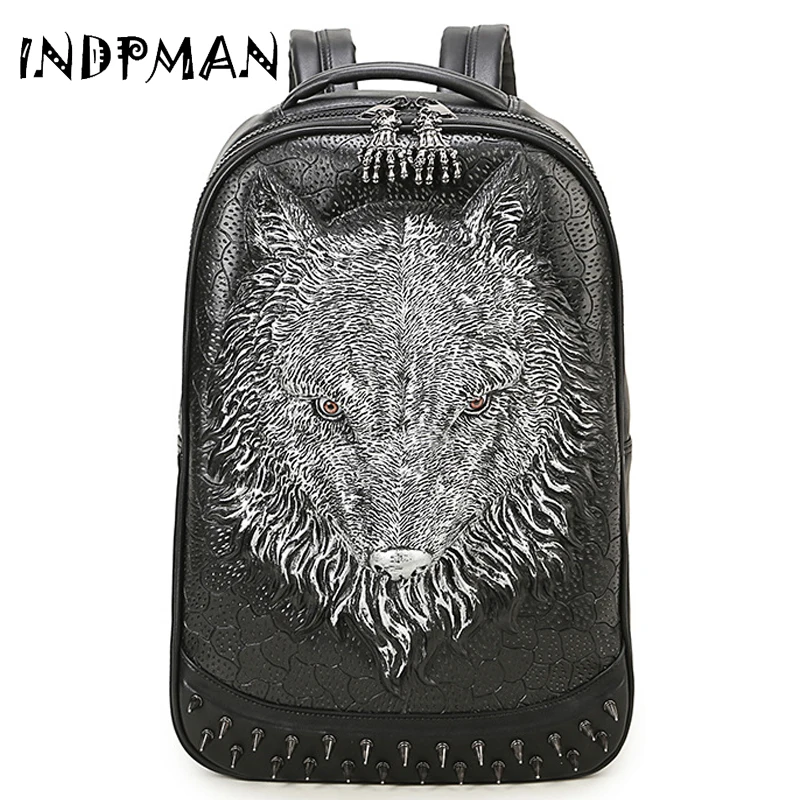 Wild Rivets Backpack Wolf Men 3D Backpack Leather Rock Waterproof