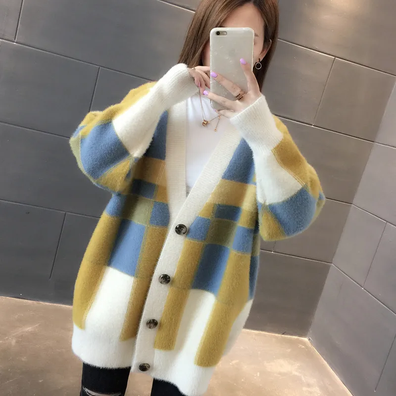 Imitation Mink Wool Sweater Coat Ladies Long Autumn and Winter New Loose Plaid Padded Knit Cardigan Women Sweaters