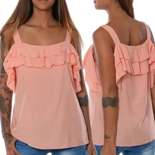 Новые Топы с оборками, женская одежда, Летние повседневные однотонные женские свободные элегантные топы с открытыми плечами
