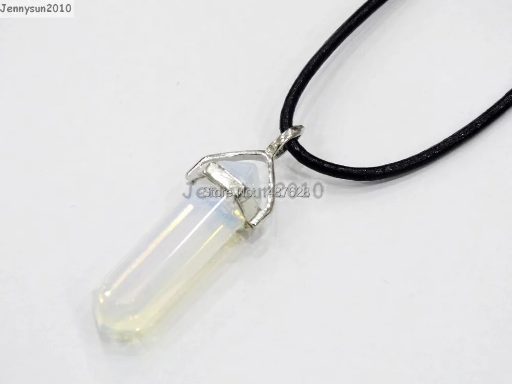 Natural Gemstones Hexagonal Pointed Reiki Chakra Pendant Real Leather Necklace 
