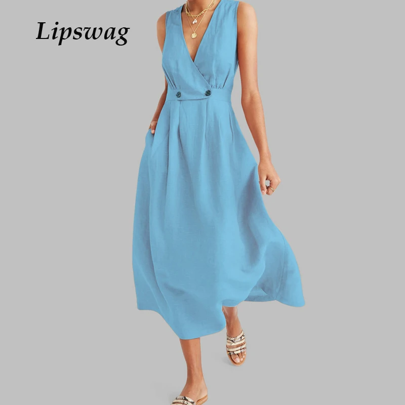 

Lipswag Sexy Sleeveless Deep V Neck Midi Dress Women Summer Solid Color A-Line Dresses Elegant Plus Size Beach Sundress Vestido