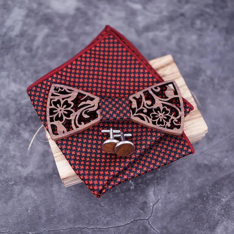  Men's Walnut Flower Hollowed Bow Tie Fashion 2019 Wedding Party Business Wood Bow Tie Set Handkerch