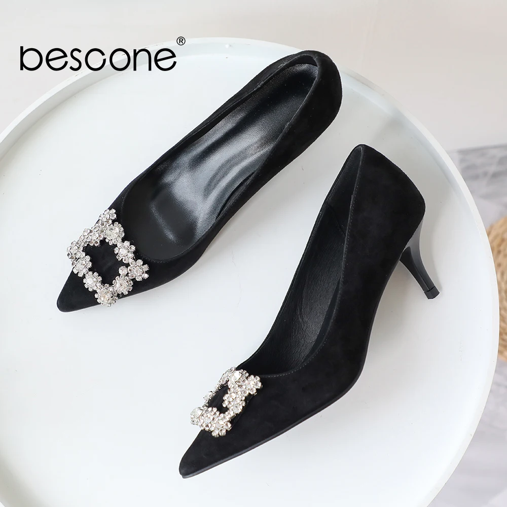 

BESCONE 2019 New Arrival Women Pumps Spring Crystal Decoration Thin Heels Shoes Elegant Genuine Leather Comfortable Pumps BO36