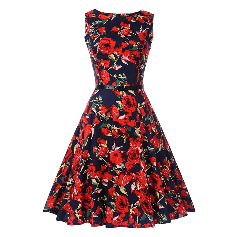 Kostlish Floral Print Summer Dress Women Sleeveless 50s Tunic Vintage Dress With Belt 2017 Elegant Swing Party Dresses Sundress (12)