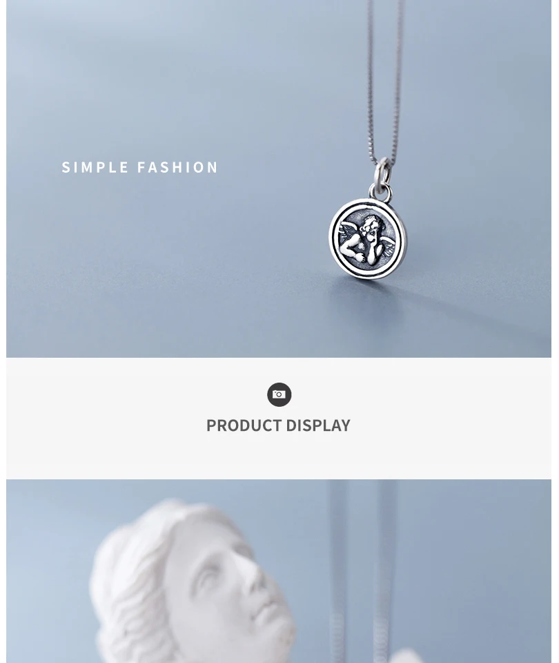 Vintage Sterling Silver Angel Necklace S925 Retro Round Coin Pendant Necklaces For Women Jewellery Collar De Moneda Bijoux 2019 (1)