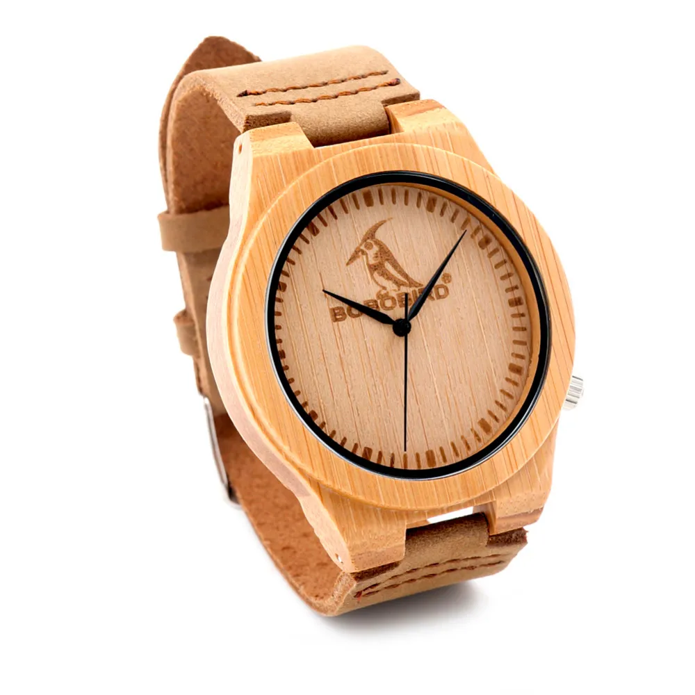 BOBO BIRD Mens Bamboo Wooden Quartz Watches Casual Sport Dress Watches with Real Leather Strap in Gift Box Customizable logo