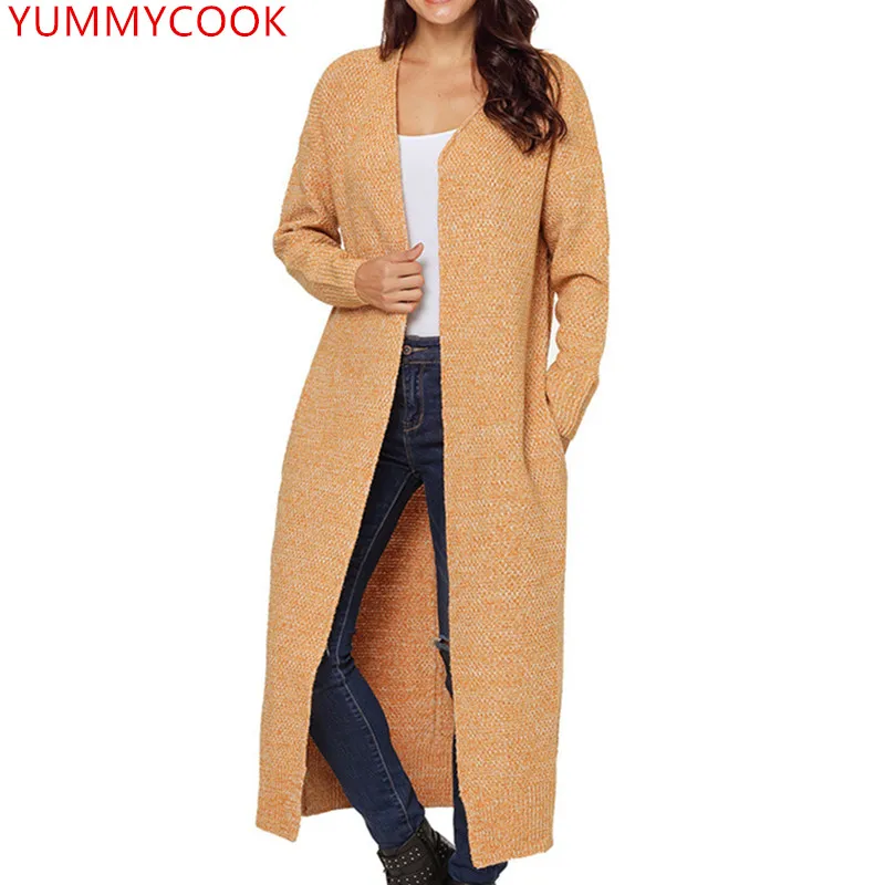 YUMMYCOOK осень зима мода вязаный шерстяной кардиган женский выше колена длинный раздел сплошной цвет Женская одежда свитер пальто A438