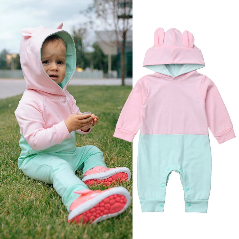 

Newborn Baby Girls Boys Bunny Ears Hooded Romper Autumn Fashion Long Sleeve Patchwork Jumpsuits Baby Casual Cotton Rompers 0-24M
