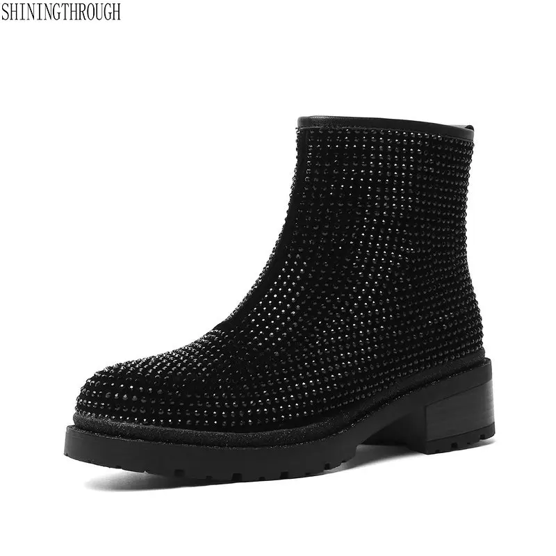 

Women Ankle Boots Genuine Leather Autumn Winter Warm High Heels Shoes Woman Party Punk crystal Brand Ladies Boots