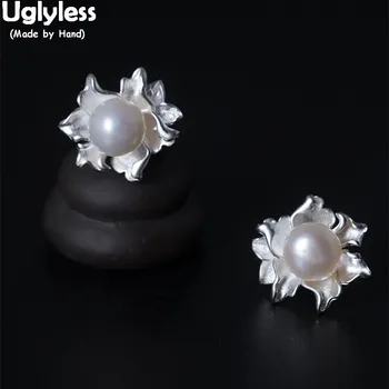

Uglyless 100% Natural Pearls Stud Earrings for Women Handmade Pearl Flower Studs Solid 925 Sterling Silver Leaf Fine Jewelry