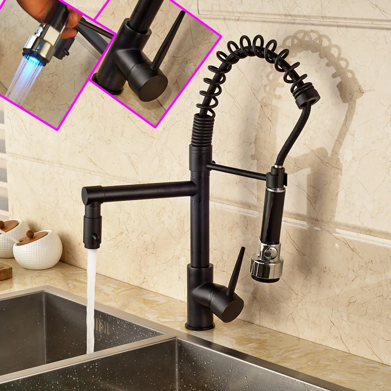 

Wholesale and Retail Oil Rubbed Bronze Kitchen Faucet Dual Spout with LED Color Changing Deck Mounted Single Handle
